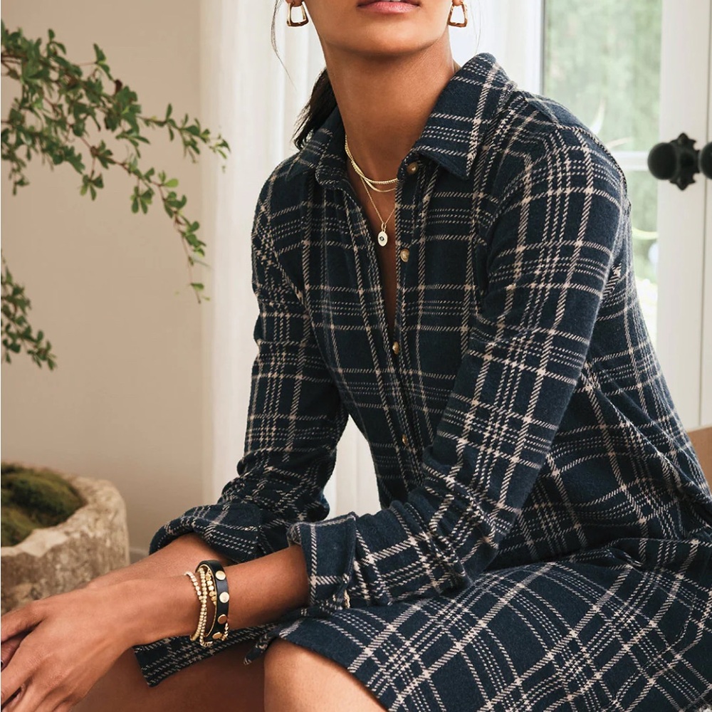 Faherty Navy Plaid Mini Long Sleeve shirt Dress size M